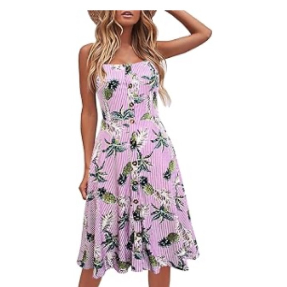 Pink Striped Tropical Print Women’s Strappy Button Up Dress size medium